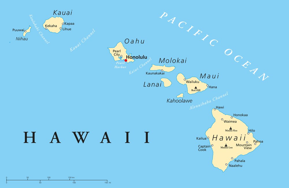 Map of the Hawaiian islands showing Kauai, Oahu, Molokai, Lanai, Maui and Hawaii Island